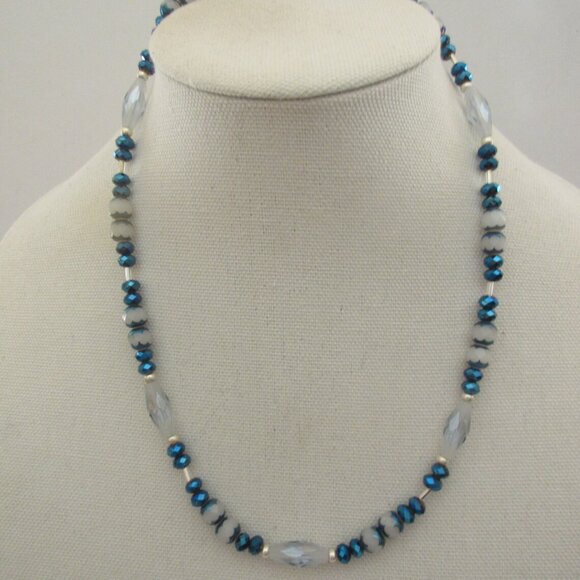 Handmade Blue White Faceted Glass Necklace Earrings Sterling Clasp Wires - Picture 2 of 3